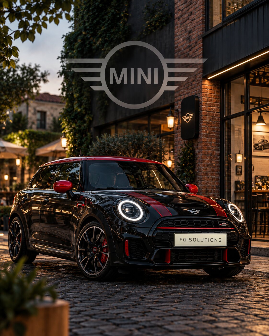 MINI noire à bandes rouges dans une rue pavée